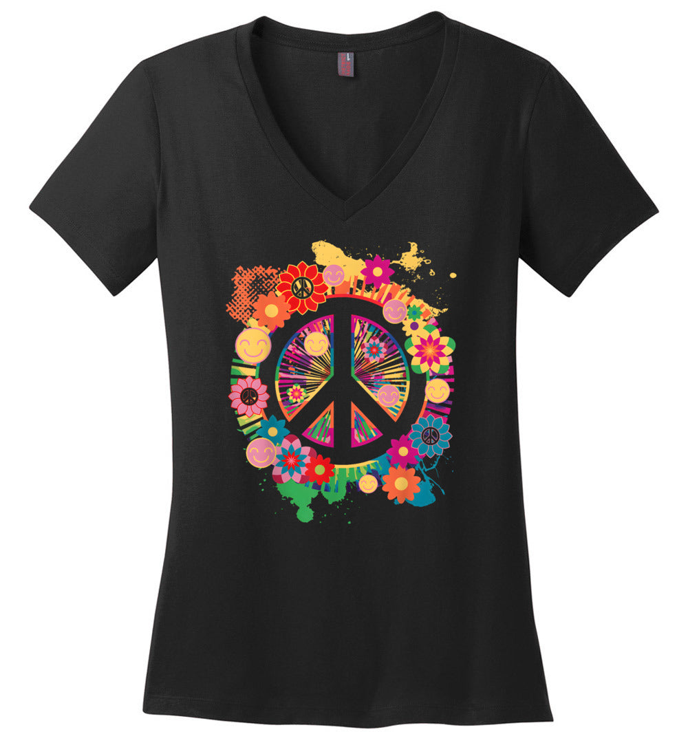 Peace Sign Colorful Flowers V-Neck
