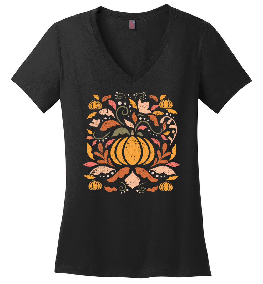 Vintage Fall Floral Pumkin V-necks