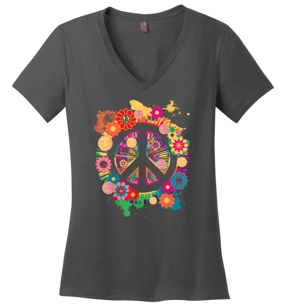 Peace Sign Colorful Flowers V-Neck