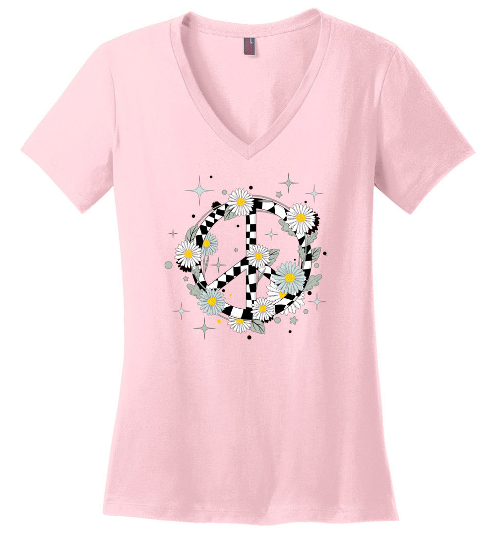 Retro Daisy Peace Sign Checkered V-necks
