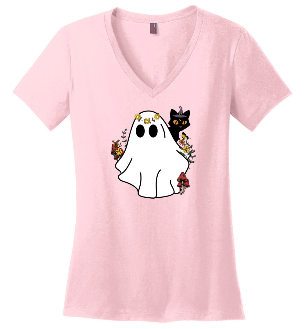Halloween Ghost And Cat V-Neck