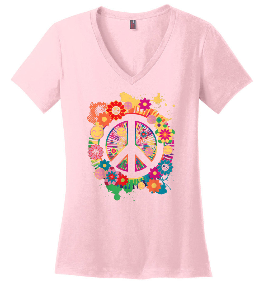 Peace Sign Colorful Flowers V-Neck