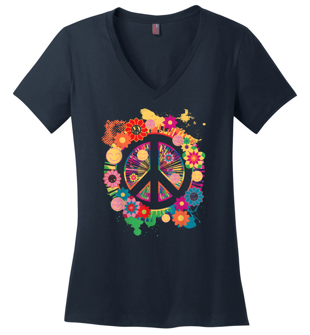 Peace Sign Colorful Flowers V-Neck