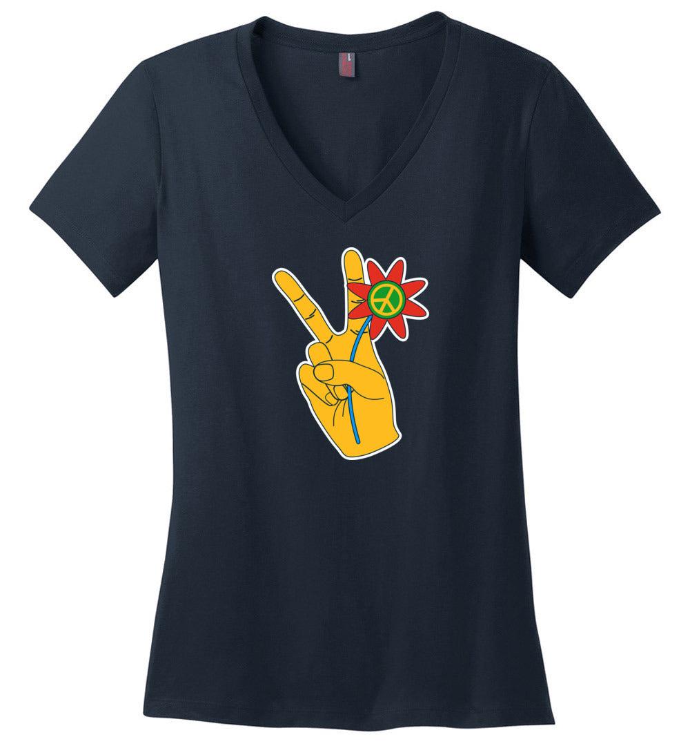 Peace Hand with Flowers V-Neck