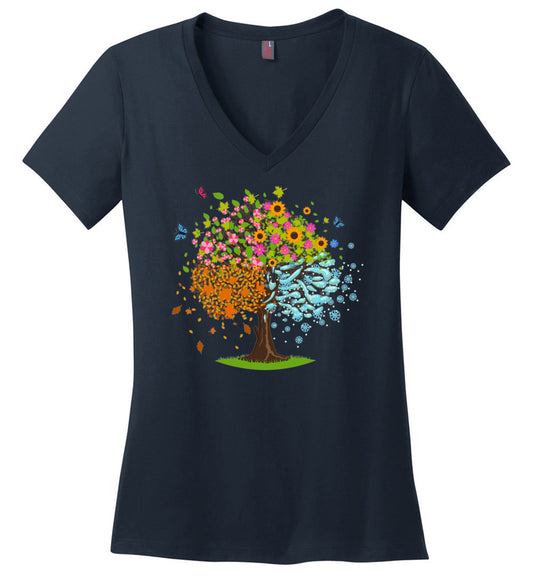 Blooming, fallen leaves and snowy branches V-Neck