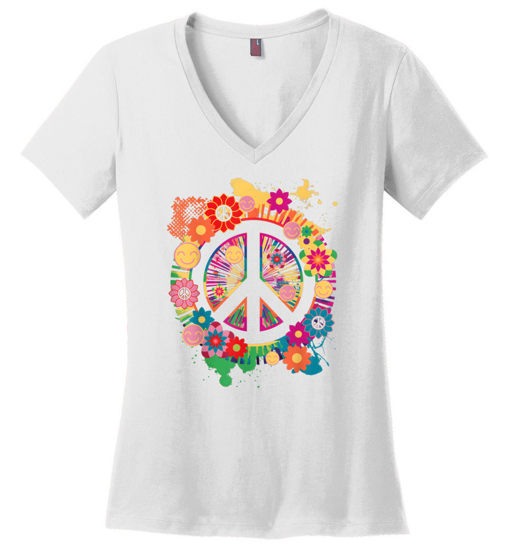 Peace Sign Colorful Flowers V-Neck