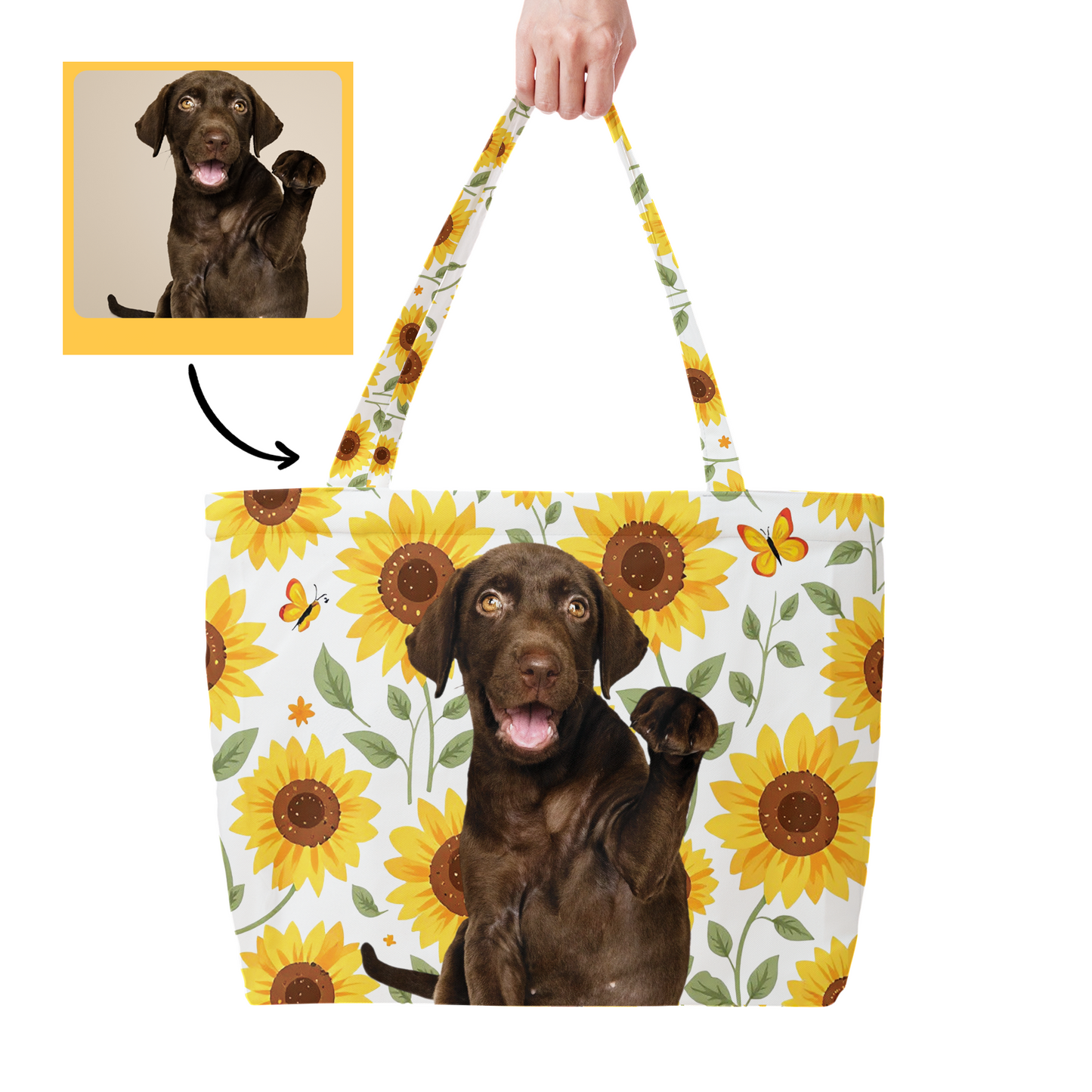 Custom Large Sunflower Print Tote Bag