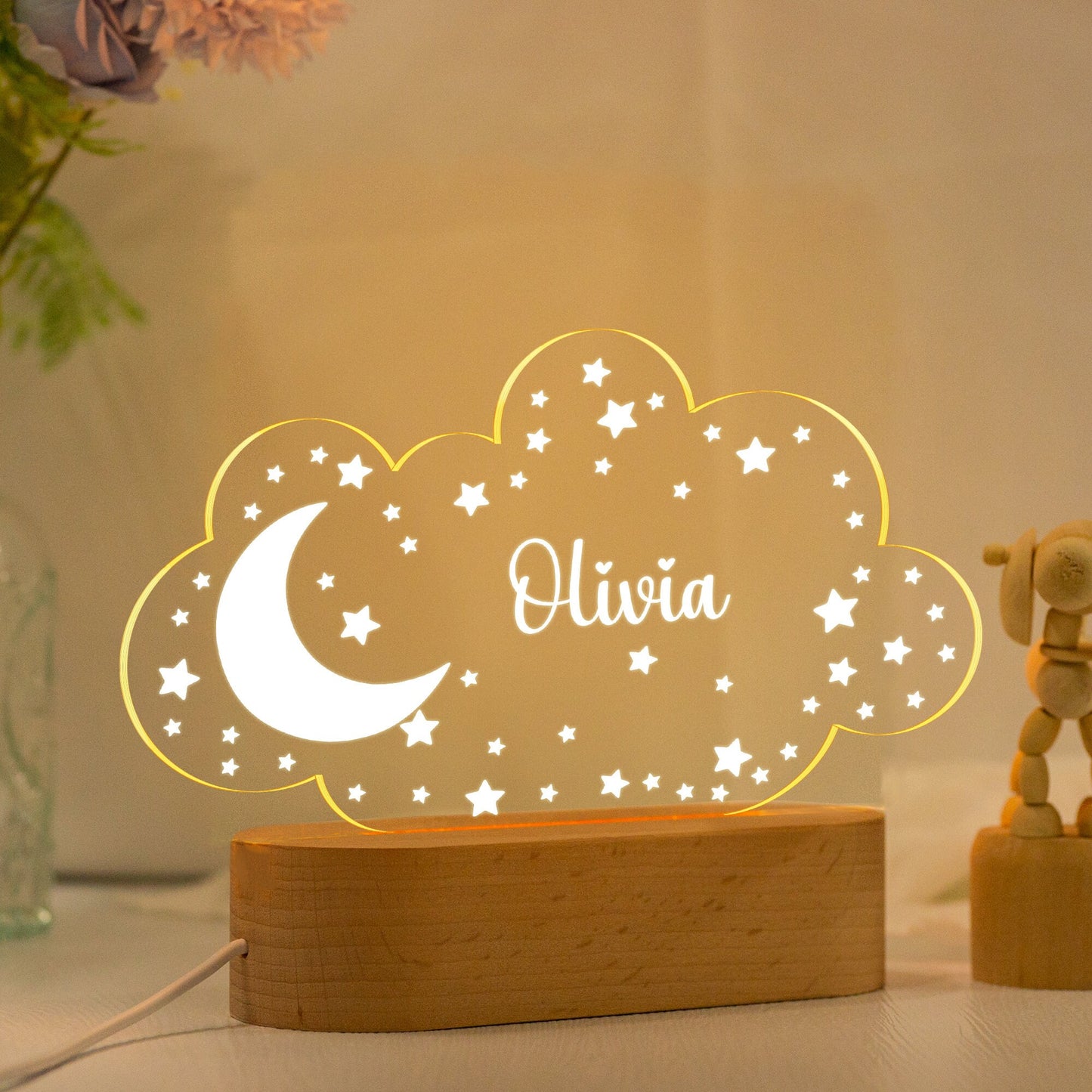 Personalized Moon & Stars Night Light – Custom Name Nursery Decor, Kids Room Light, Baby Gift Idea