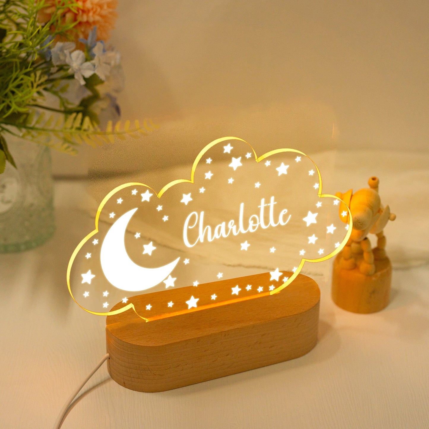Personalized Moon & Stars Night Light – Custom Name Nursery Decor, Kids Room Light, Baby Gift Idea