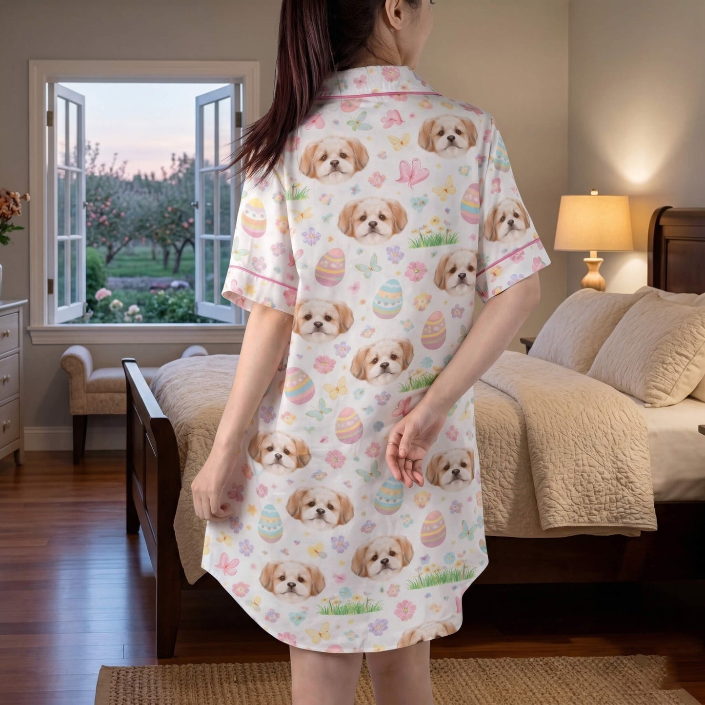 Custom Pet Face Easter Satin Pajama Shirt Dress