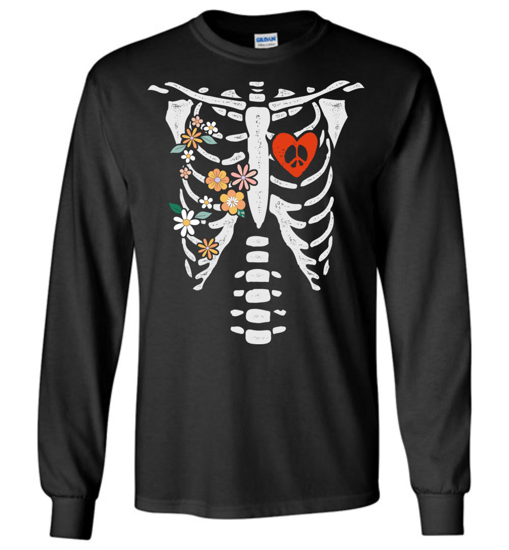 Peace, Love, Flowers Skeleton Long Sleeve T-Shirts