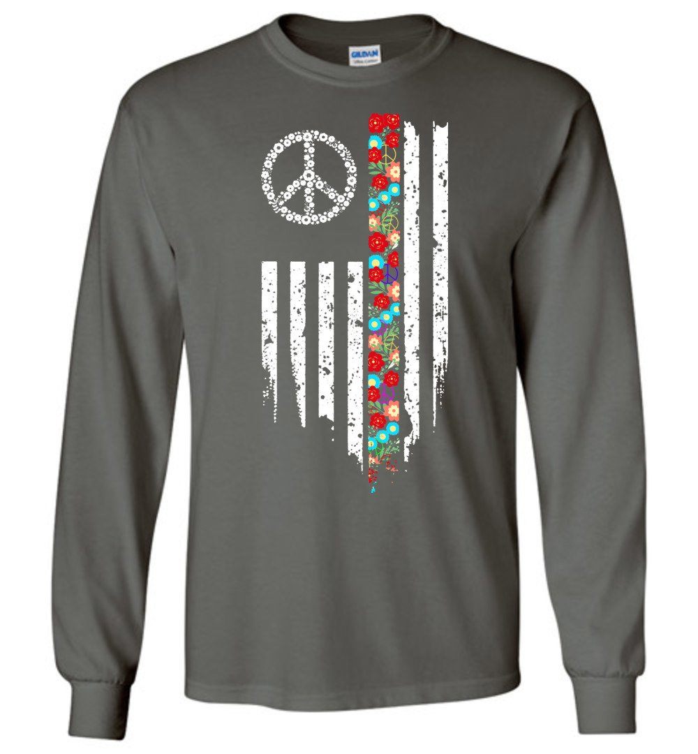 Peace Flower Flag Long Sleeve T-Shirts Heyjude Shoppe Charcoal S