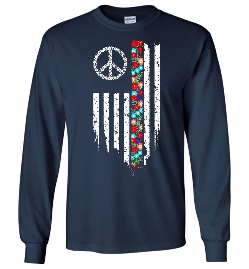 Peace Flower Flag Long Sleeve T-Shirts Heyjude Shoppe Navy S