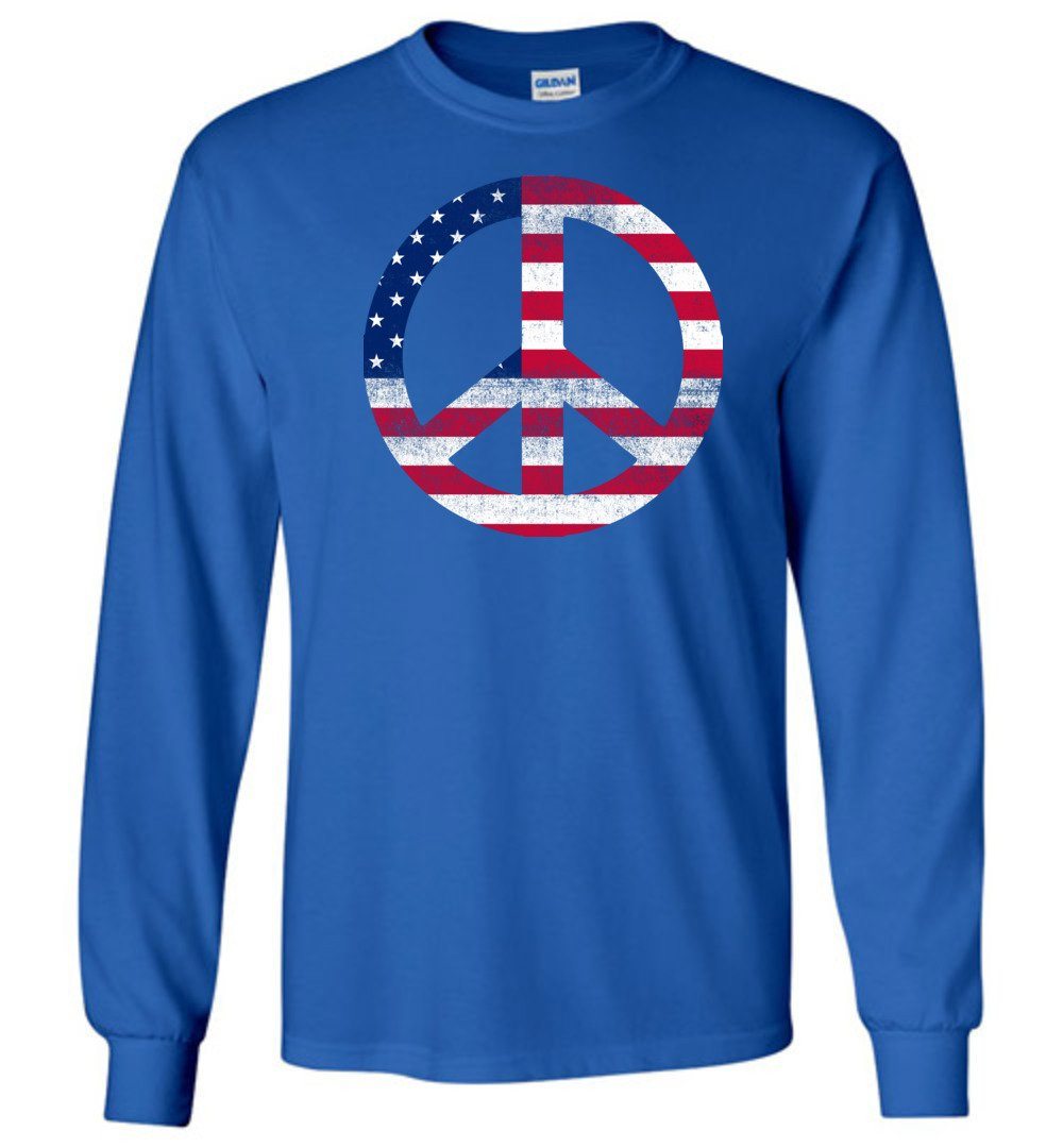 Stars And Stripes Peace Sign T-Shirts Heyjude Shoppe Long Sleeve Tee Royal Blue S