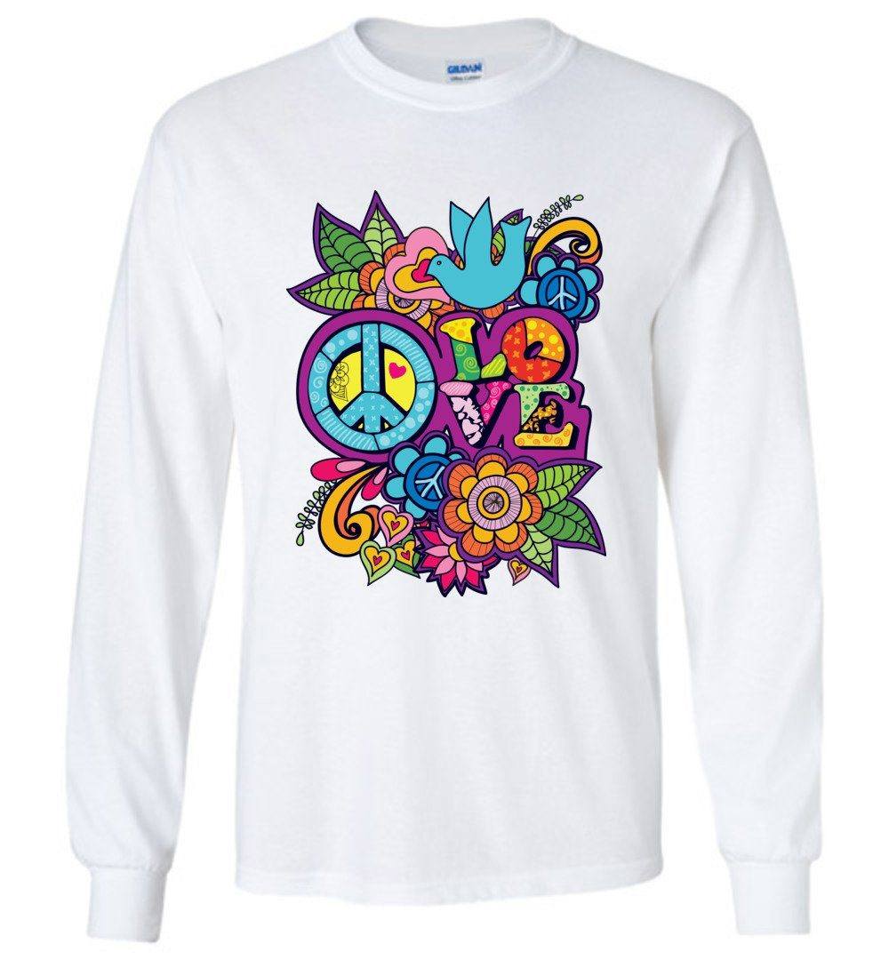 Peace Love Long Sleeve T-Shirts Heyjude Shoppe White S
