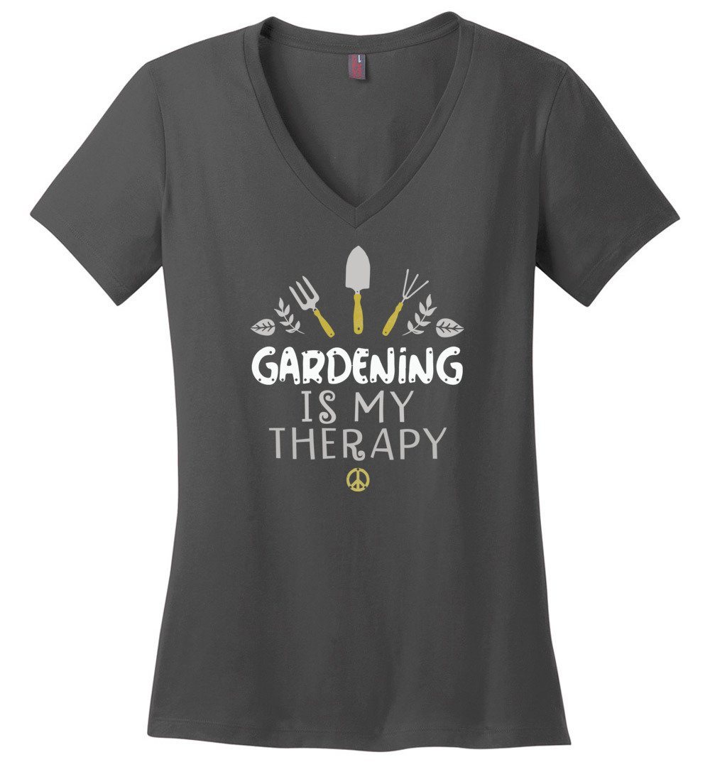 Gardening Is My Therapy T-shirts Heyjude Shoppe Ladies V-Neck Charcoal XS