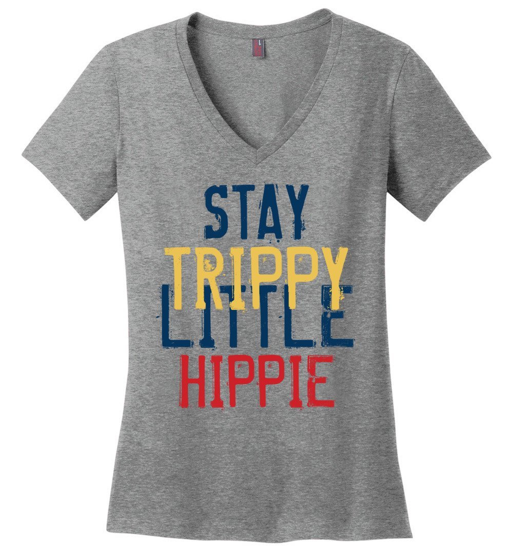 Stay Trippy Little Hippie Vneck Tee Heyjude Shoppe Heathered Nickel XS