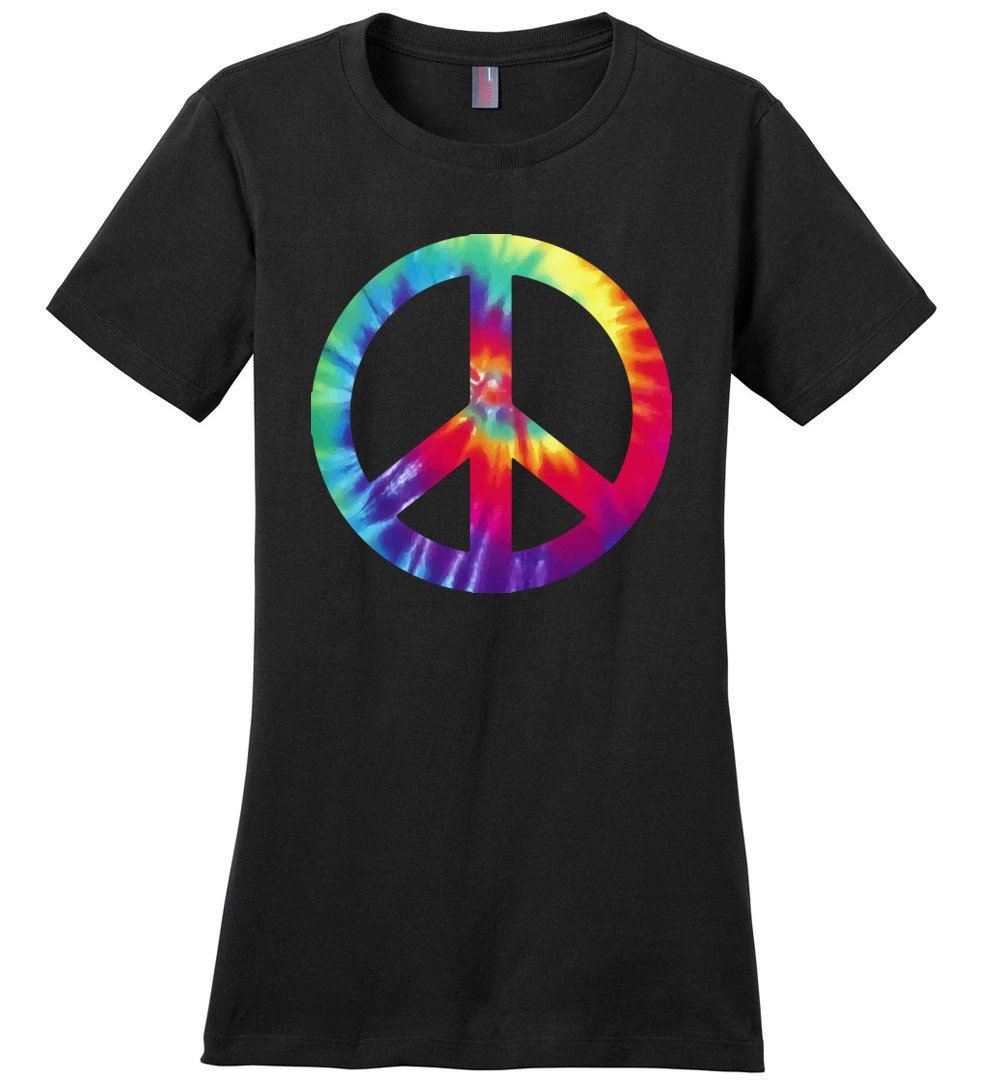 Tie Dye Peace Sign T-shirts Heyjude Shoppe Ladies Crew Tee Black XS