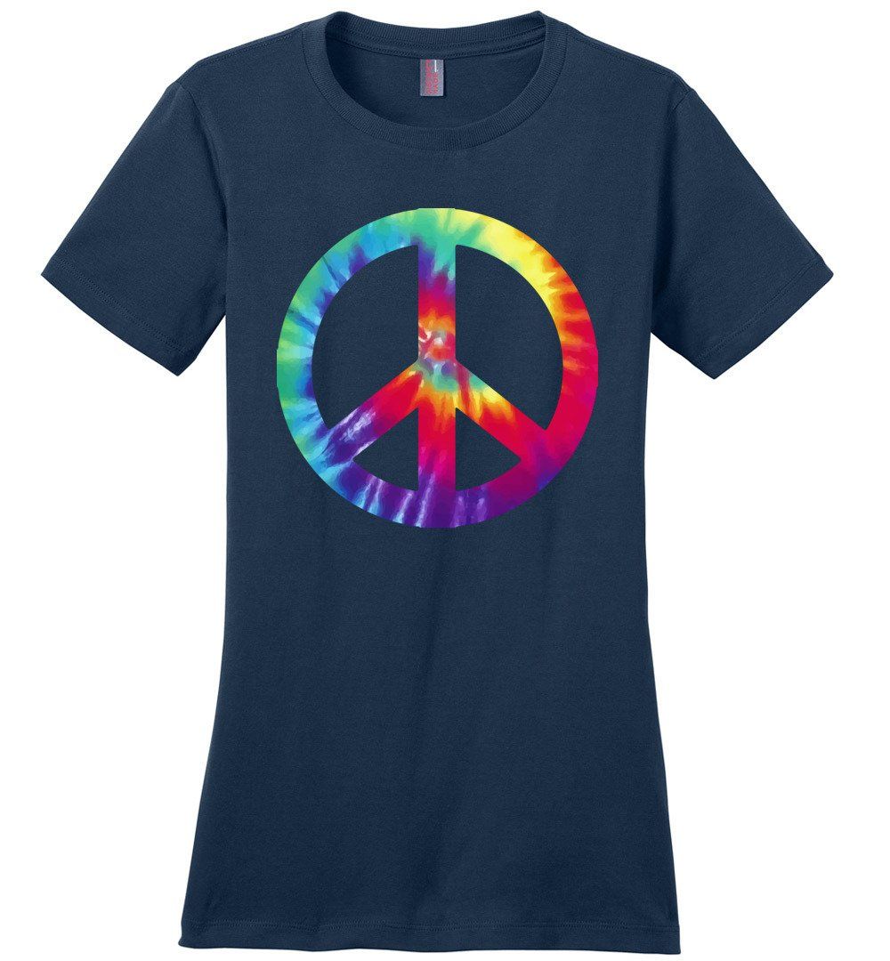 Tie Dye Peace Sign T-shirts Heyjude Shoppe Ladies Crew Tee Navy XS