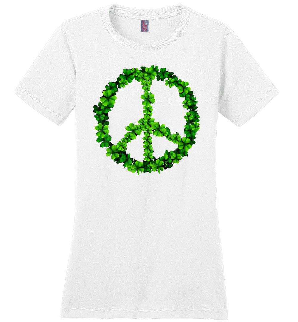Shamrock Peace Sign T-shirts Heyjude Shoppe Ladies Crew Tee White XS