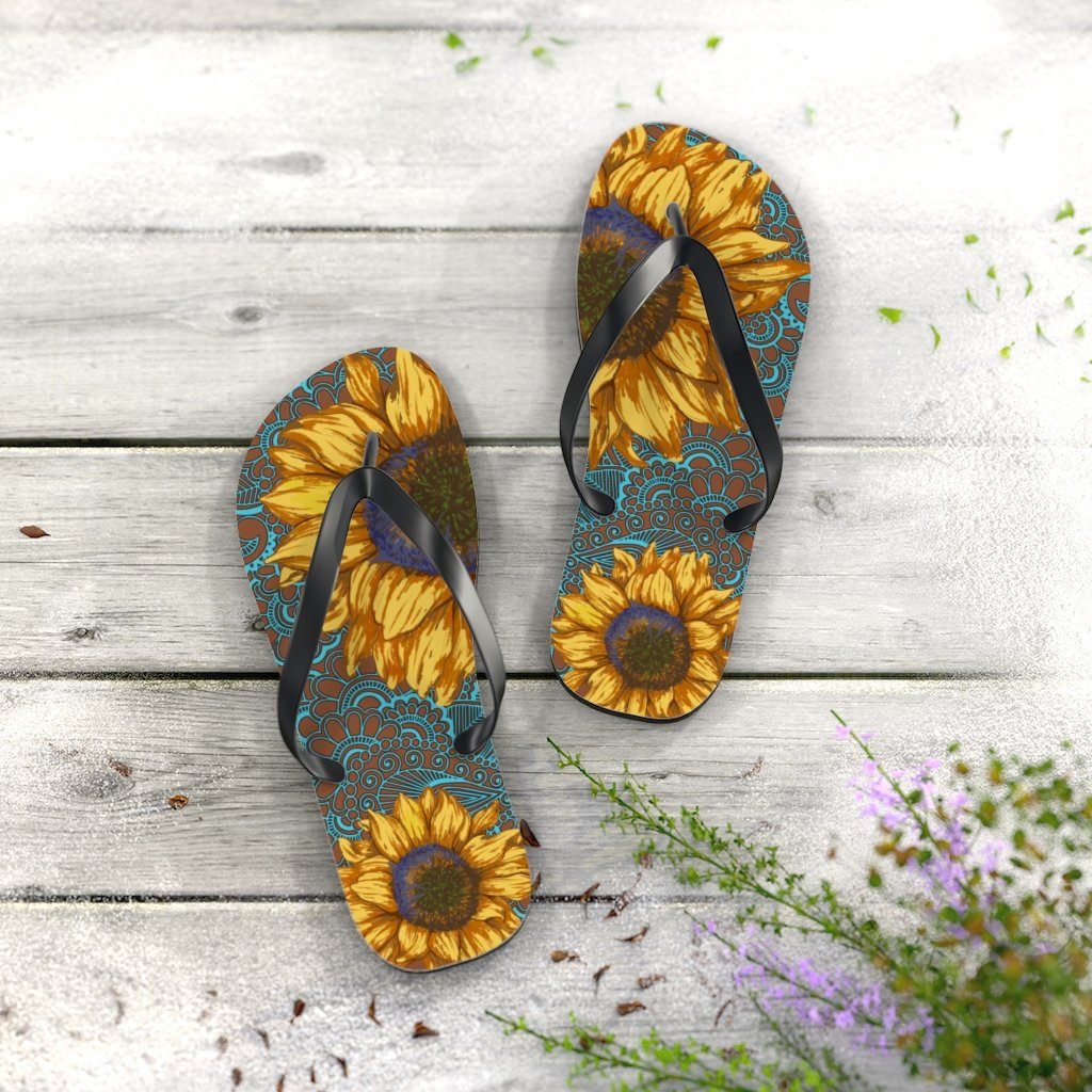 Sunflower Flip Flops Shoes Printify