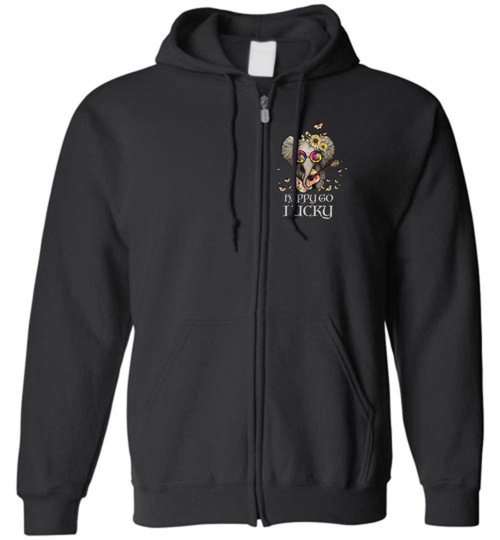 HIPPIE ELEPHANT - HAPPY GO LUCKY - ZIP HOODIE Heyjude Shoppe Black S