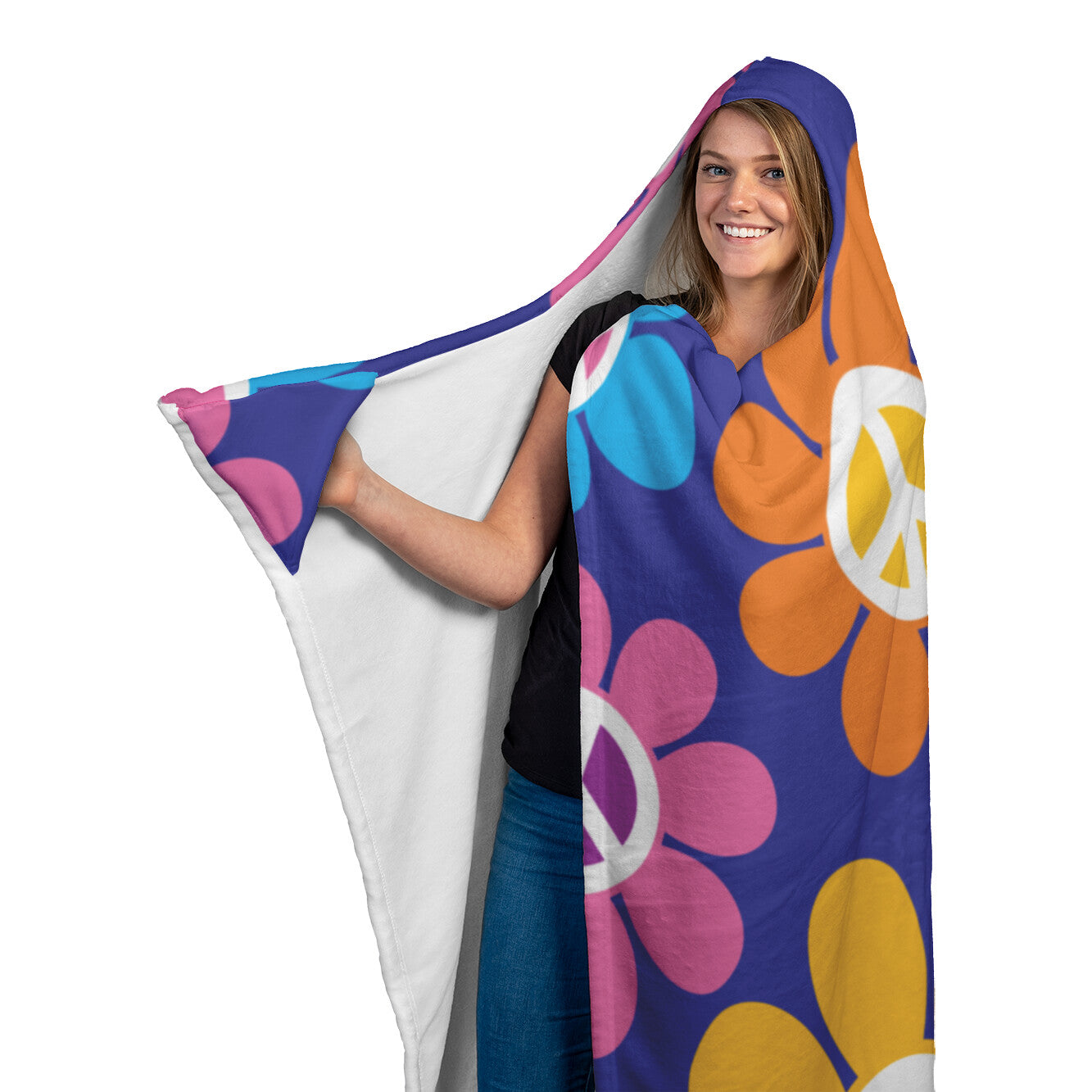 Retro Peace Flowers Hooded Blanket