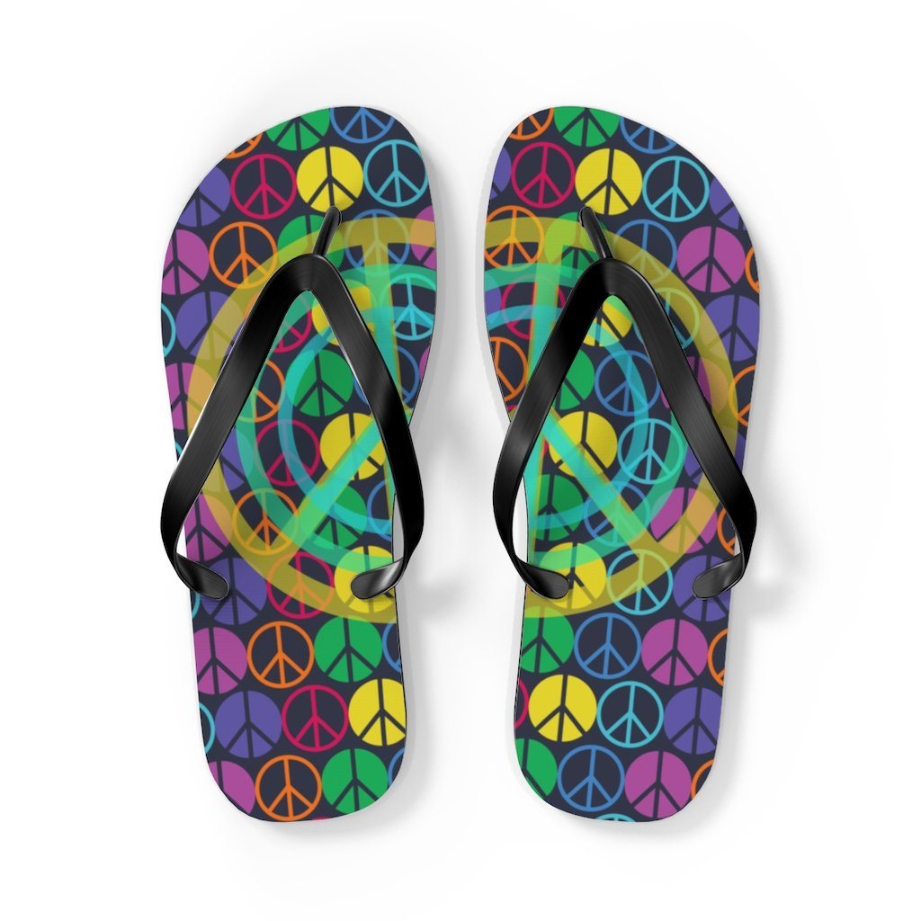 Peace Sign Pattern Unisex Flip Flops Shoes Printify L Black