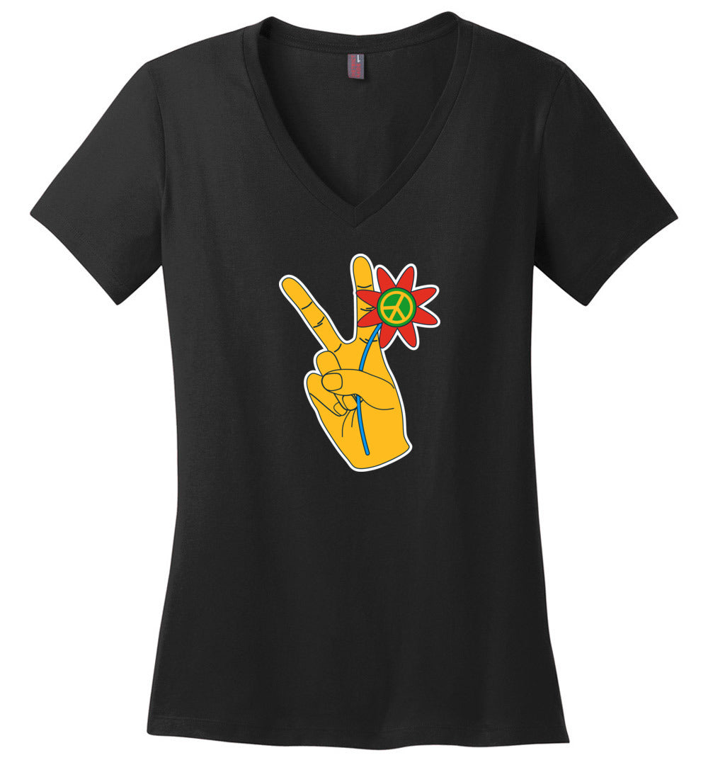 Peace Hand with Flowers V-Neck