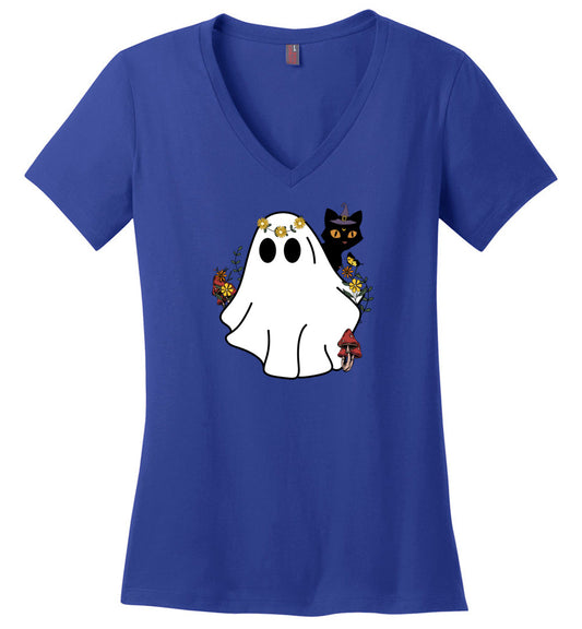 Halloween Ghost And Cat V-Neck