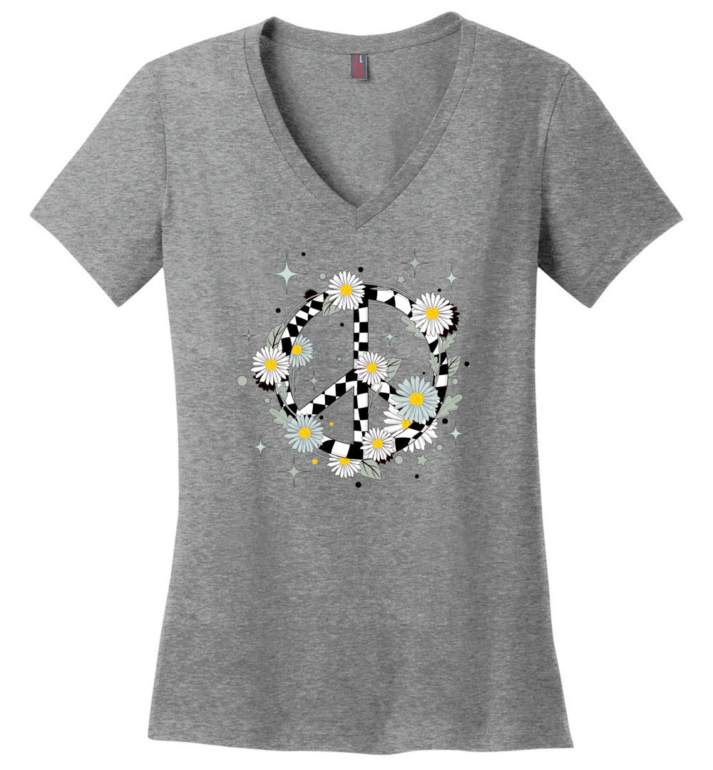 Retro Daisy Peace Sign Checkered V-necks