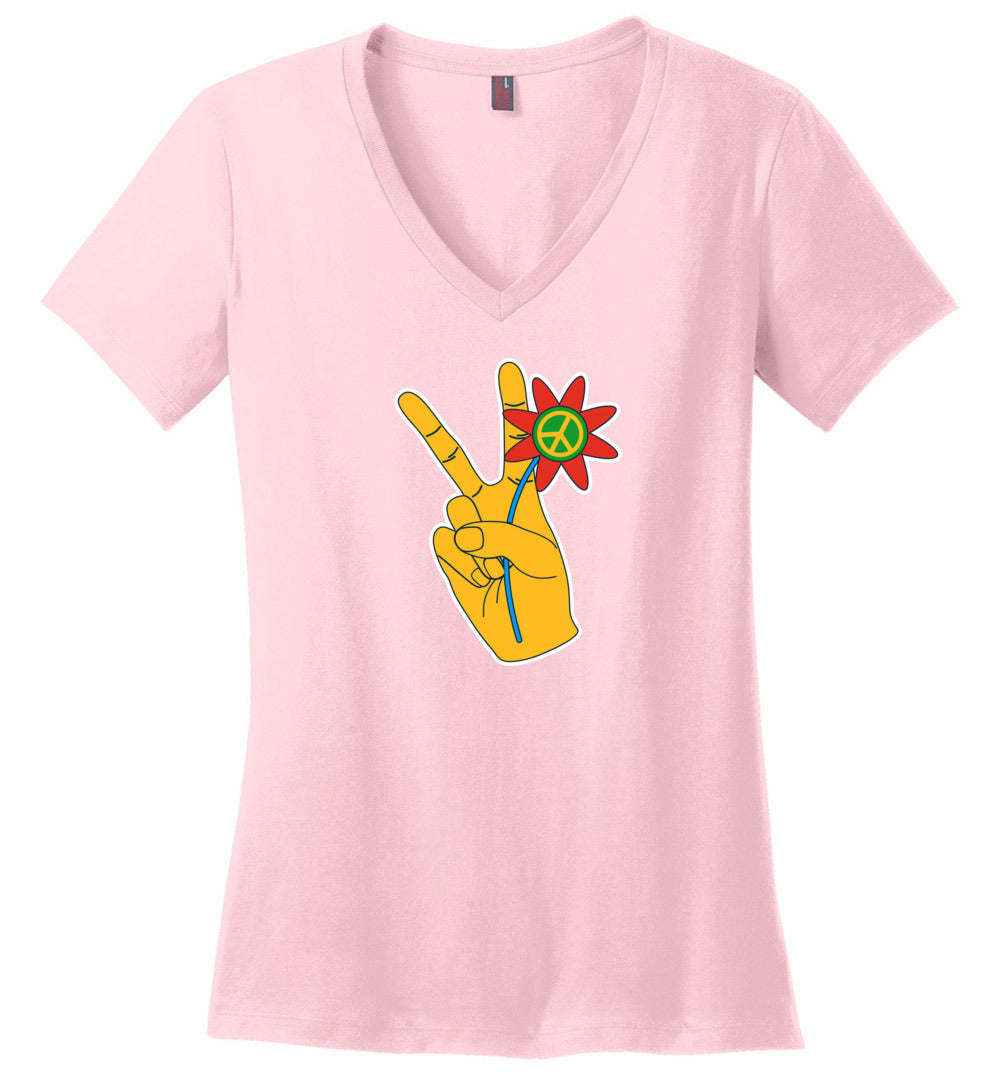 Peace Hand with Flowers V-Neck