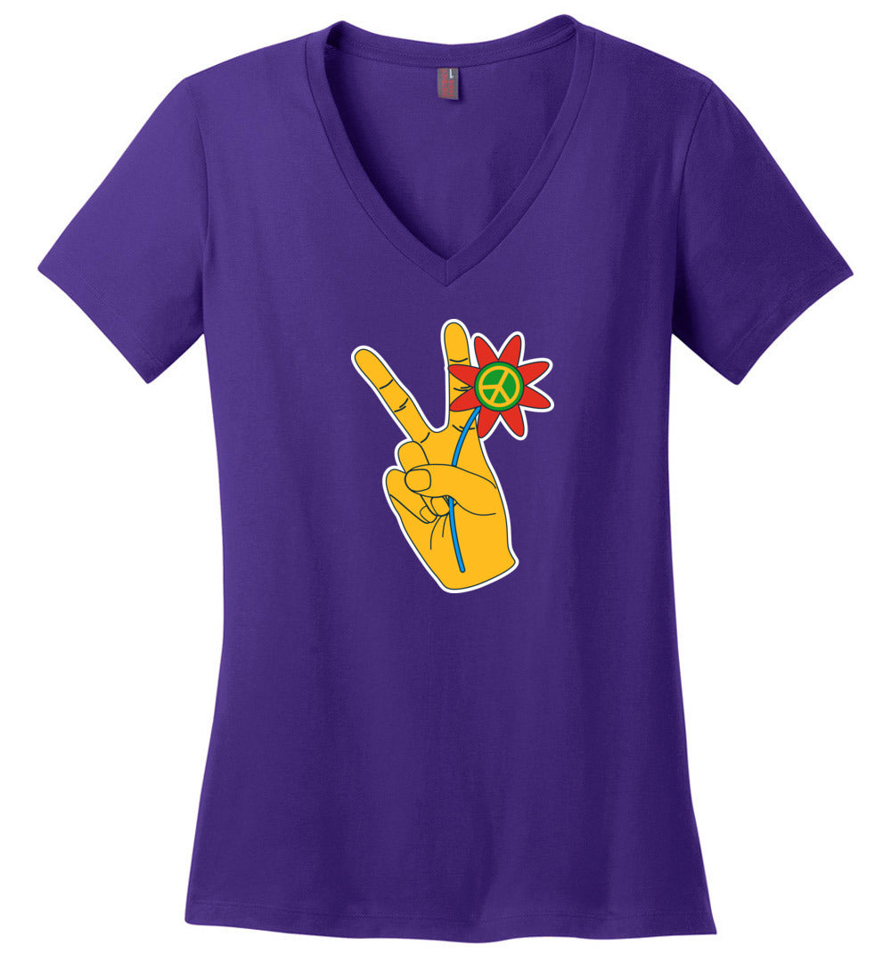 Peace Hand with Flowers V-Neck