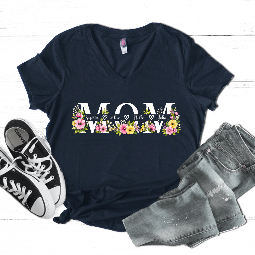Mom Shirt with Custom Children’s Names – Floral Graphic V-Neck Tee