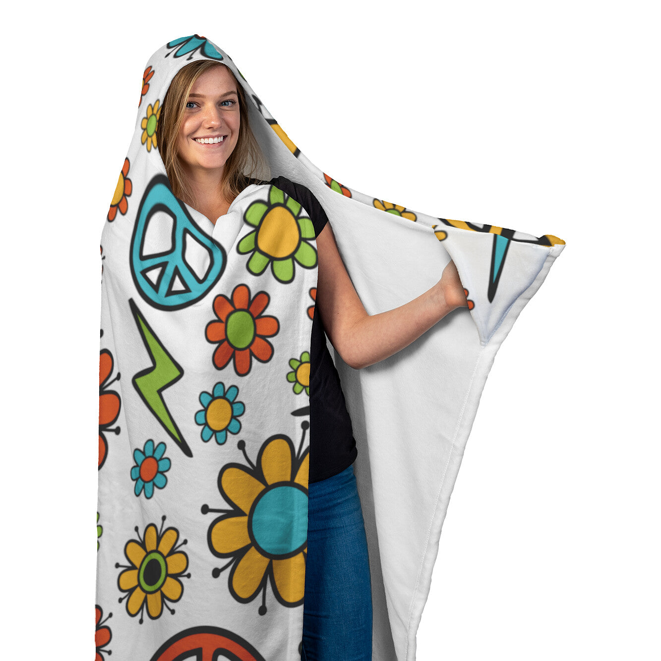 Retro Hippie Flowers Hooded Blanket 