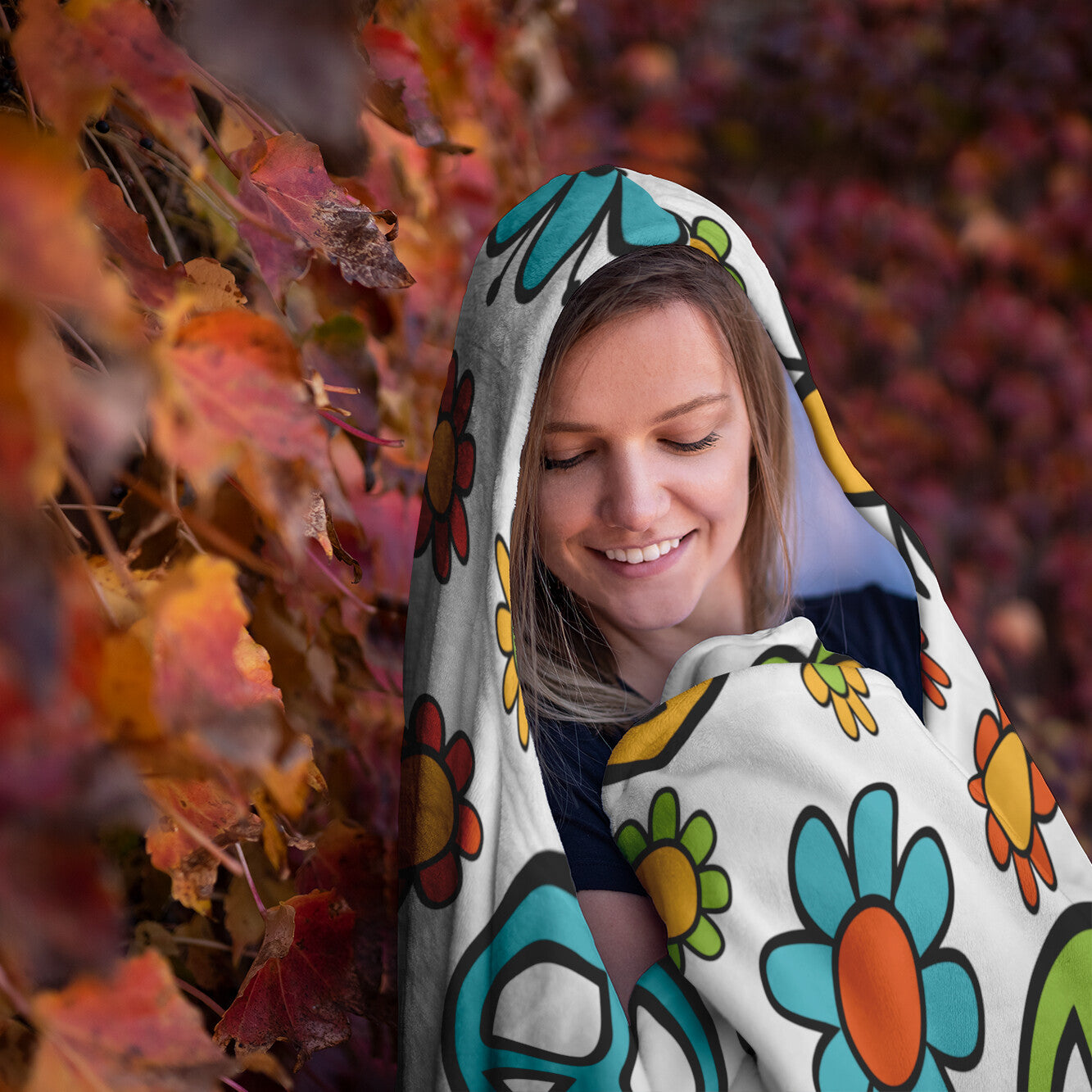 Retro Hippie Flowers Hooded Blanket 