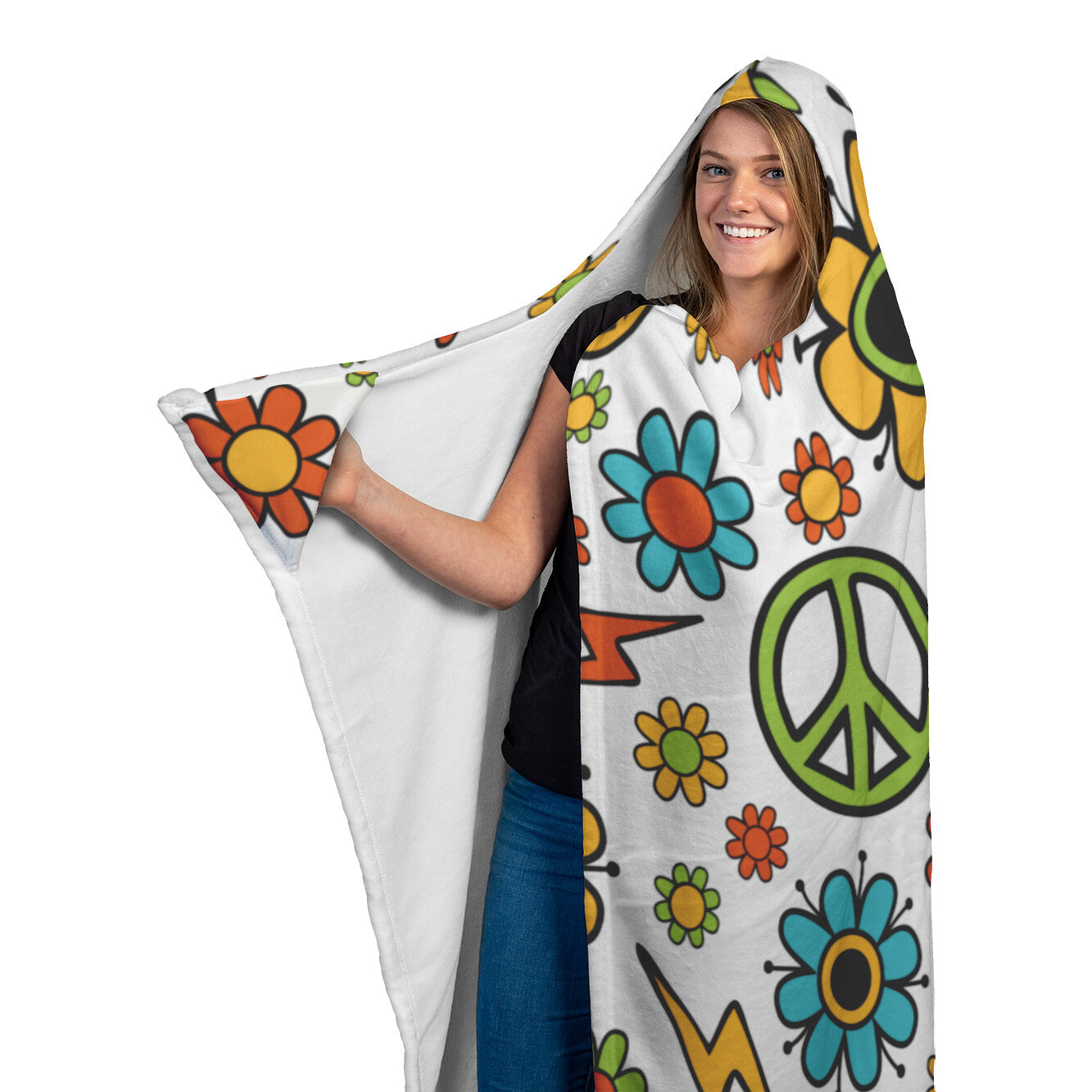 Retro Hippie Flowers Hooded Blanket 