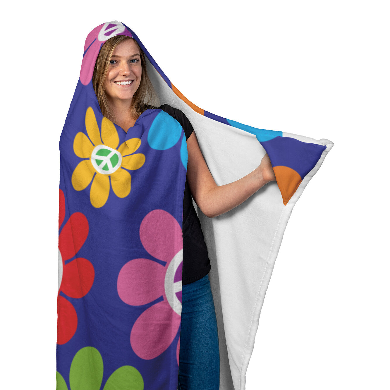 Retro Peace Flowers Hooded Blanket