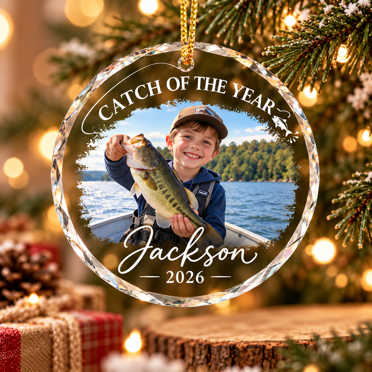 Closeup of glass circle personalized fishing photo keepsake ornament with Jackson and 2026