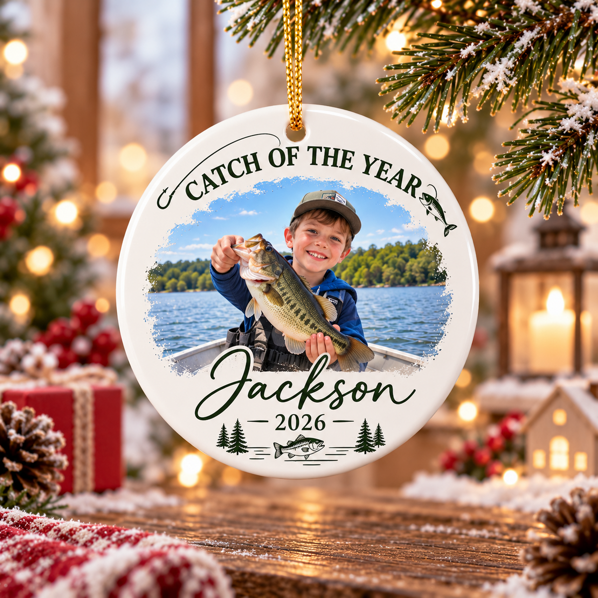 Round white ceramic Catch of the Year fishing photo Christmas ornament personalized with Jackson and 2026