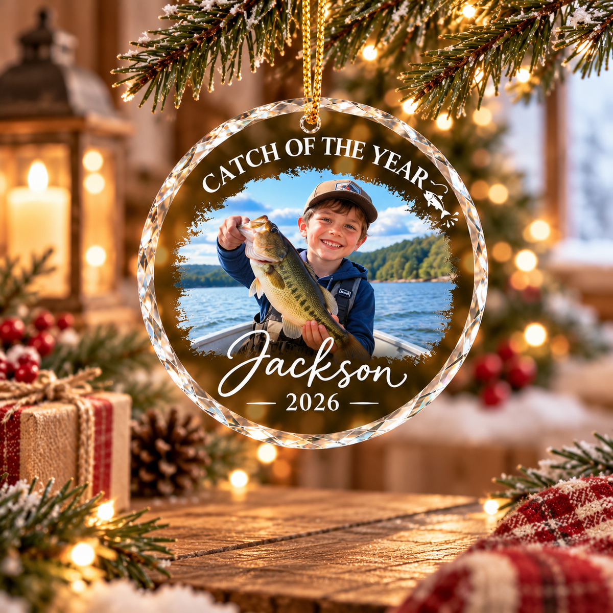 Clear round glass fishing Christmas ornament with Catch of the Year, fishing photo, name Jackson and 2026