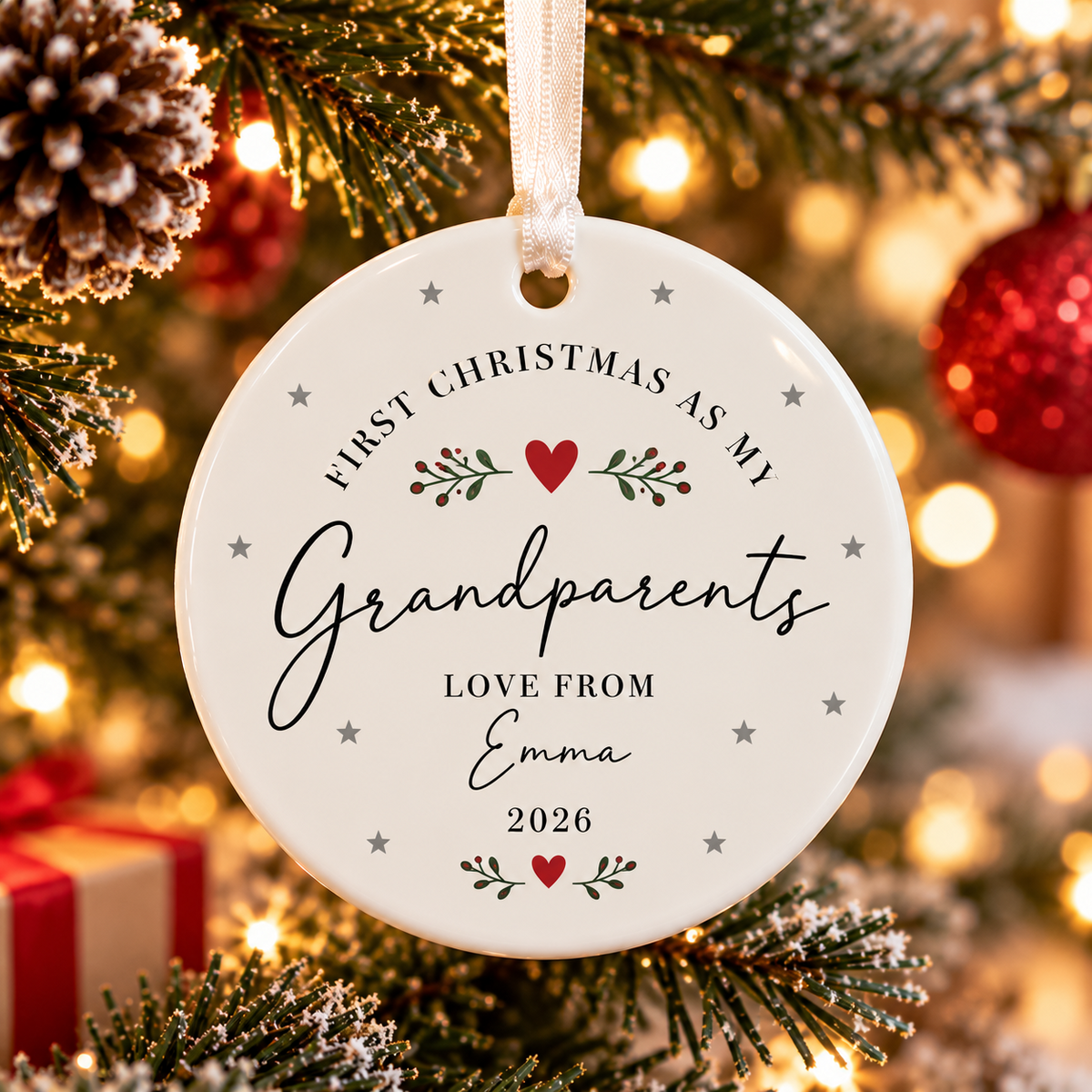 First Christmas as My Grandparents Christmas ornament without a photo, personalized with Emma and 2026 and decorative red hearts
