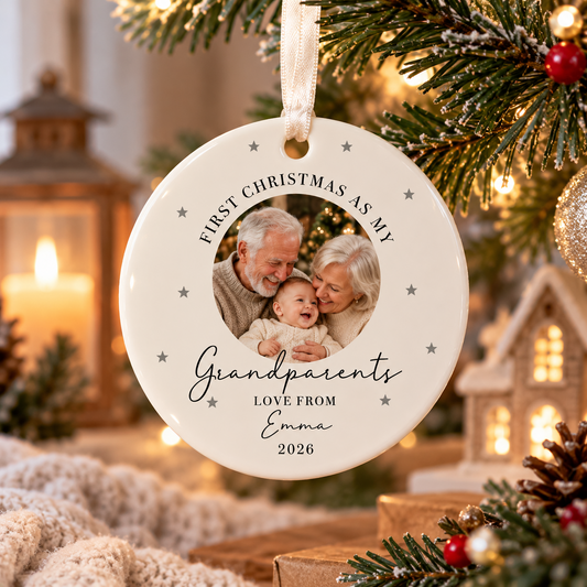 Personalized First Christmas as My Grandparents photo Christmas ornament with baby's name Emma and 2026