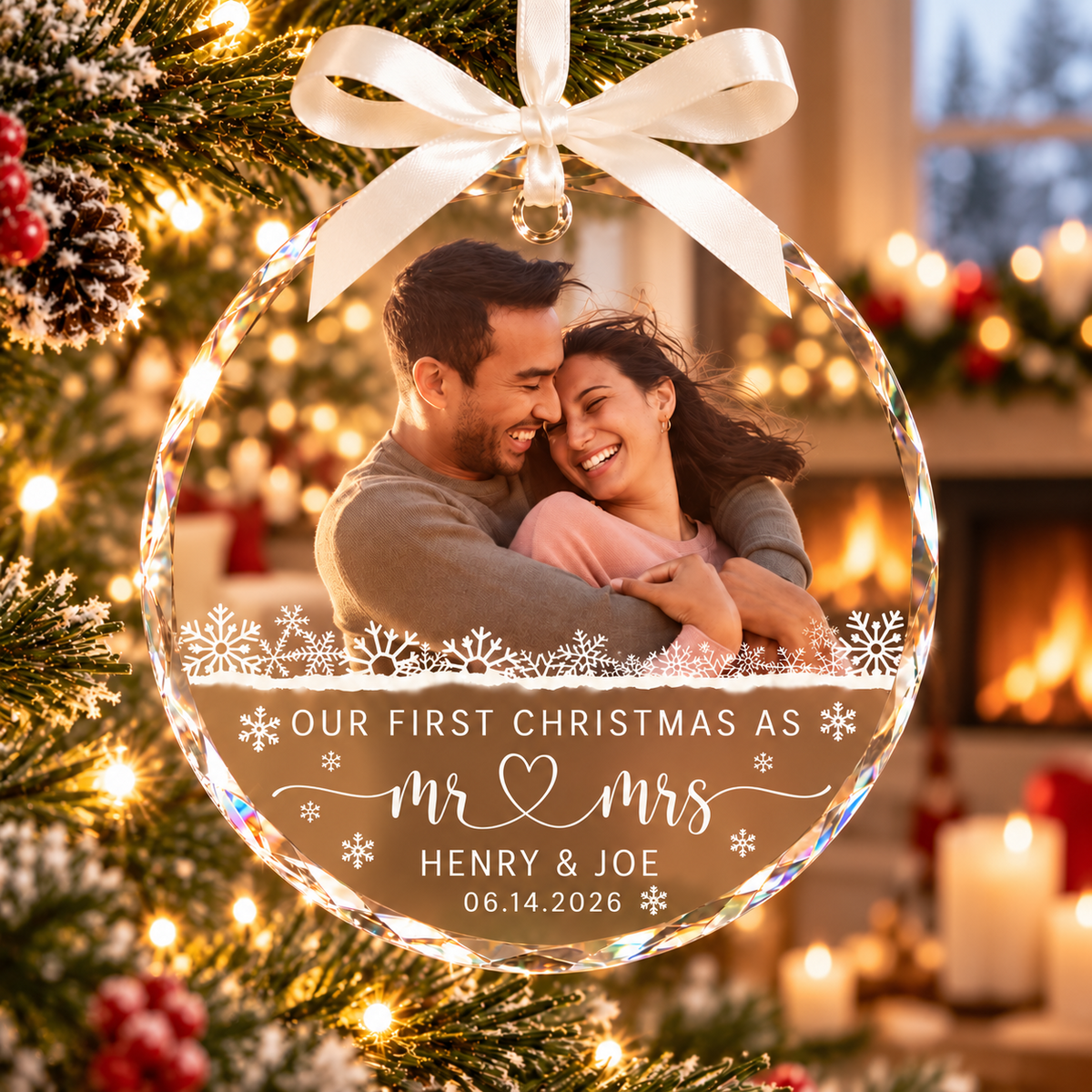 Custom Mr and Mrs ornament with couple photo and Henry and Joe names