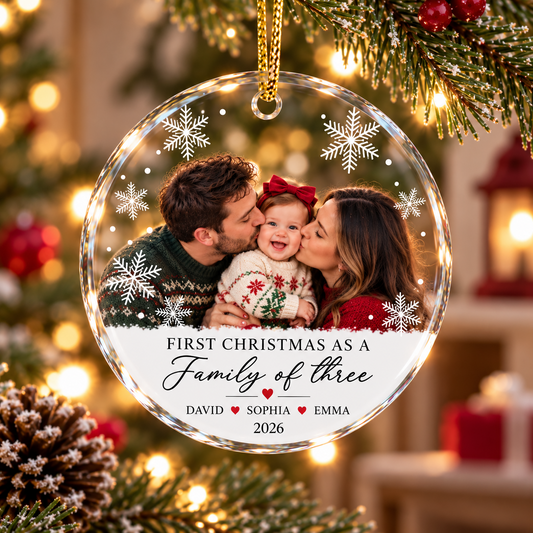 First Christmas as a Family of Three personalized photo ornament with David Sophia Emma names and 2026