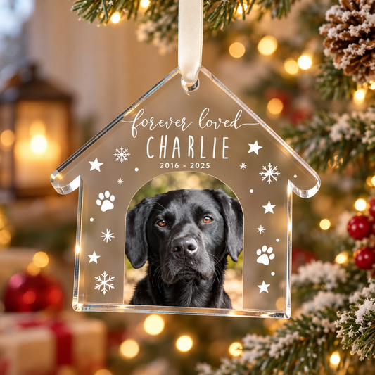 Personalized Forever Loved pet memorial Christmas ornament with photo of black dog Charlie and 2016–2025