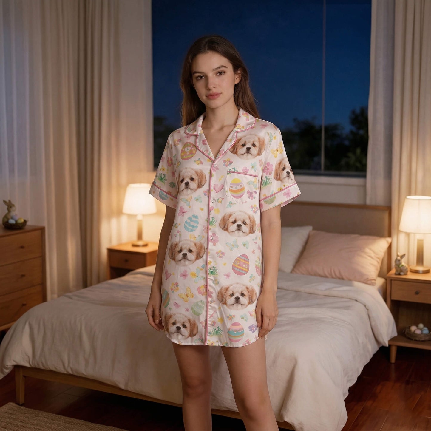 Custom Pet Face Easter Satin Pajama Shirt Dress