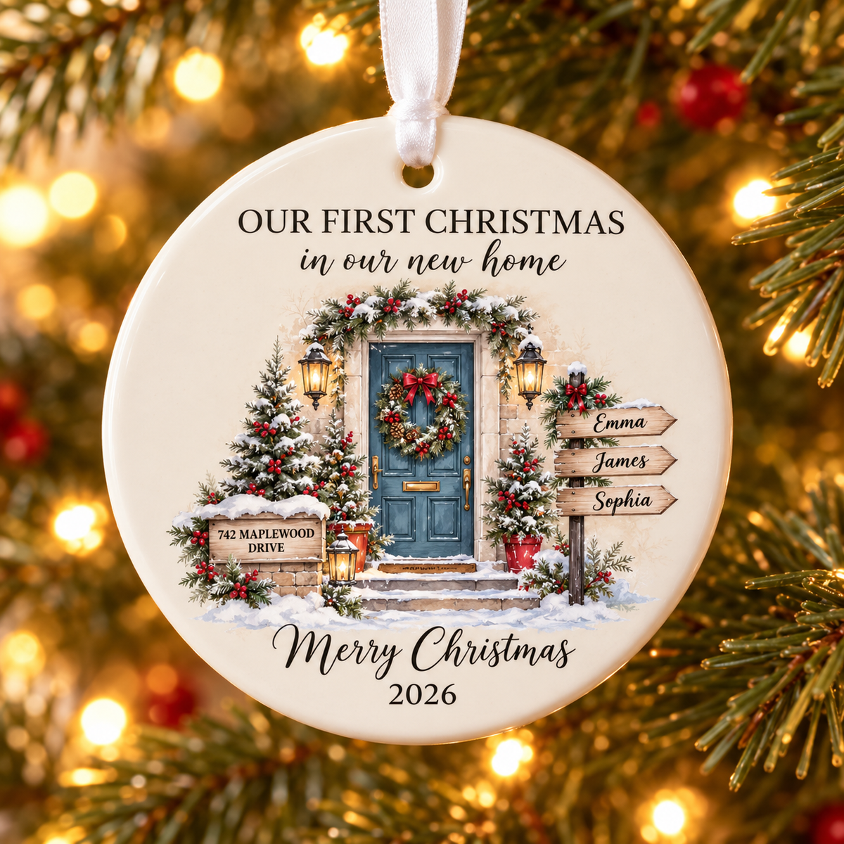 Beige personalized new home Christmas ornament with front door, address and family names