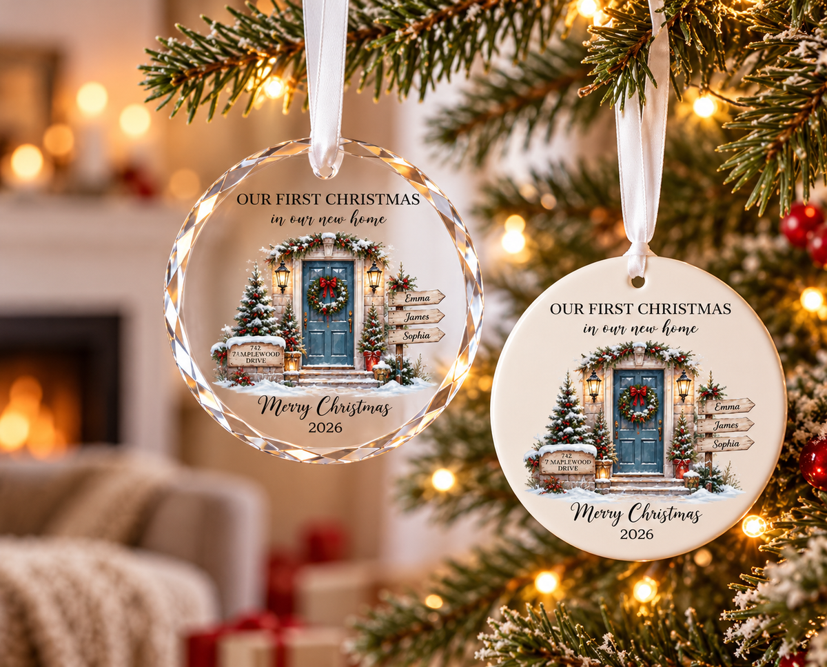 Personalized First Christmas in Our New Home ornaments in clear faceted and beige styles