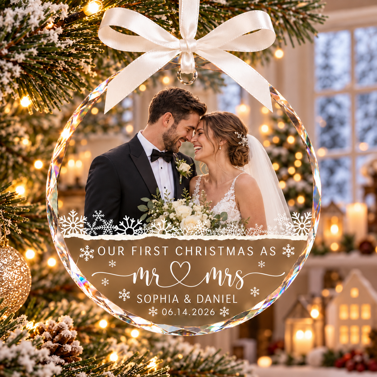 Personalized newlywed wedding photo ornament featuring Sophia and Daniel